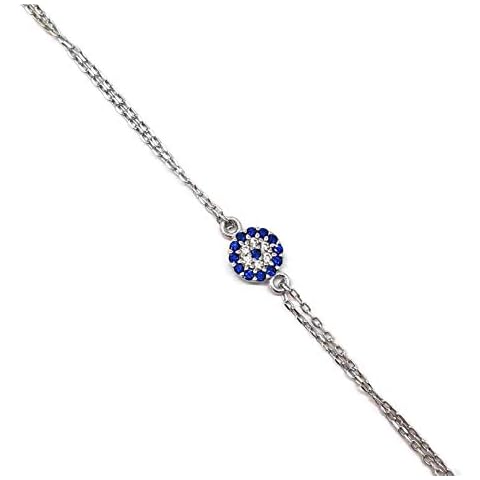 MYSTIC JEWELS by Dalia - Small Turkish Eye Bracelet with Zirconia Design - Double Chain 16 - 18 cm Adjustable (Silver) Cover