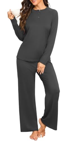 PrinStory Conjunto de pijama de manga larga para mujer, pijama Henley con pantalones de pierna ancha, ropa de dormir con bolsillos, gris oscuro, M