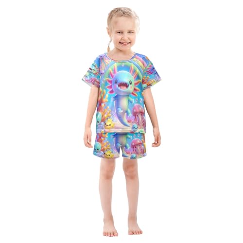 Pajama Sets Short Sleeve Colorful Underwater Axolotl Soft Cotton Summer Sleepwear 2 Piece PJS Size 5-14T4