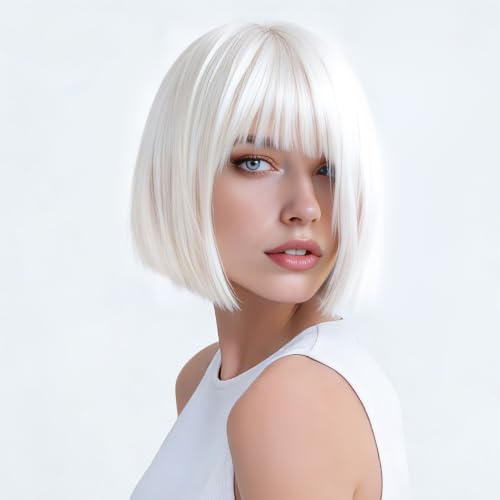 kuttolee White Bob Wigs Short Bob Hair Pastel Bob Wig with Bangs Synthetic Hair for Women Girl Colorful Cosplay Wig Synthetic Heat Resistant Fiber for Daily Party Halloween Use