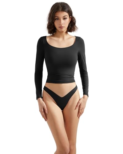 SUUKSESS Women Double Lined Fitted Basic T Shirts Scoop Neck Long Sleeve Crop Top2