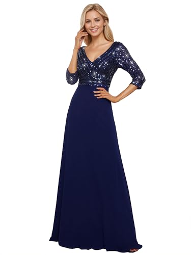 Ever-Pretty Women's Elegant Formal Dress V-Neck Long Sleeve Sequin Maxi Chiffon Evening Dresses 00751