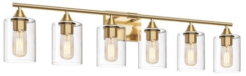 XPEHK 6-Light Gold Vanity Light Bathroom Light Fixtures Modern Brushed Brass Gold Wall Sconce Lighting Bathroom Wall Lamp for Mirror Bedroom Living Room Vanity Table Hallway