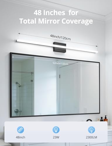Image of Combuh 48Inch Bathroom Vanity Light Fixtures Extra Long Lighting Bar Above Mirror, Modern Black Bright 23W 2300LM Wider Coverage Slim Sleek IP44 Rustproof LED Bath Wall Sconce for Makeup Cool White