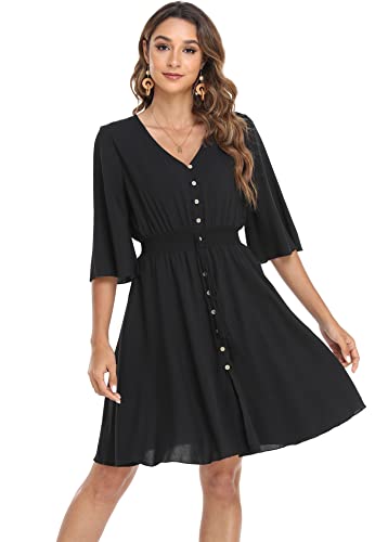 Image of VintageClothing Women's Floral Sundresses Flowy Boho Summer Beach Dress | Lightweight Breathable material,Elegant V Neck and Button Front Design,Flared Bell Sleeve Cut,Mini Casual dress