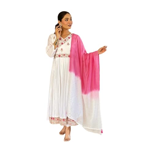 Image of Shiv Textiles Women's Chanderi Silk Embroidered Kurta Pant Dupatta Set(JDA-Kanika-White-M)