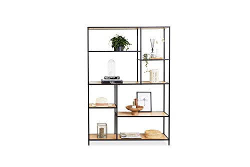 LIFA LIVING Modern Wall Cabinet, Black and Natural Bookshelf, Metal and Wooden Storage Cabinet, Open...