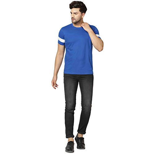 Image of London Hills Men's Half Sleeve 100% Pure Cotton Casual Round Neck with Stripe on Arm, Regular Fit Non-Shrinkable Multicolor T-Shirts
