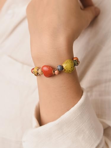 MINACHI Ceramic Beaded Bracelets for Women, Boho Style Beaded Bracelets with Colorful Heart Ceramic Beads, Adjustable Elastic Bracelets Jewelry for Women3