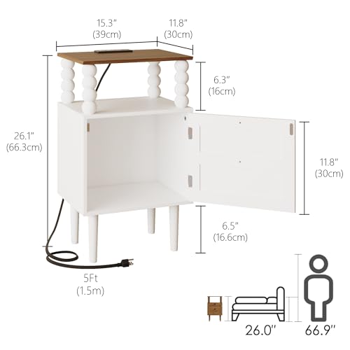 Image of Veegle White Nightstand with Charge Station,Modern Bedside Table with Storage Drawer and Open Wood Shelf, for Bedroom and Small Spaces,Night Stand with Solid Wood Legs (White)