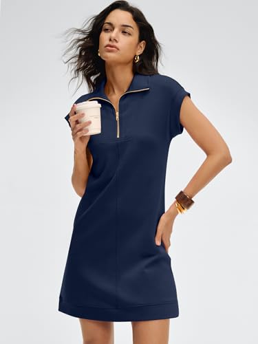Image of ANRABESS Womens Summer Casual Half Zip Cap Sleeve Trendy Wrinkle-Free Tshirt Dress 2026 Spring Beach Vacation Short Dresses