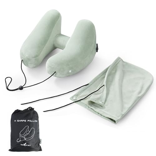 Exgox ネックピロー 飛行機 H型 エアーピロー 首枕まくら コンパクト 持ち運び便利 軽量 旅行 携帯枕 飛行機/車/バス/新幹線/ソファ/椅子/オフィスに適用 お昼寝/仮眠用 空気枕 快眠 快適 安眠 収納袋付き (グリーン/フード付き)
