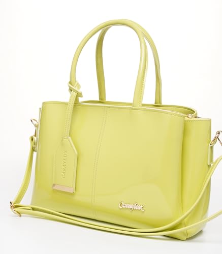 Image of Carrylux Women's Top Handle Bag | Hand Held bag | Stylish Patent Synthetic Leather Handbag with Dual Handles & Detachable Sling Strap | Beige Shoulder Purse for Work & Casual Outings