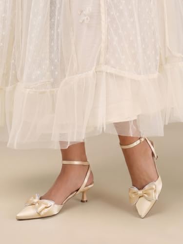 Image of Coutgo Womens Satin Kitten Low Heels Bow Pearl Closed Pointed Toe Pumps Ankle Strap Wedding Dress Shoes