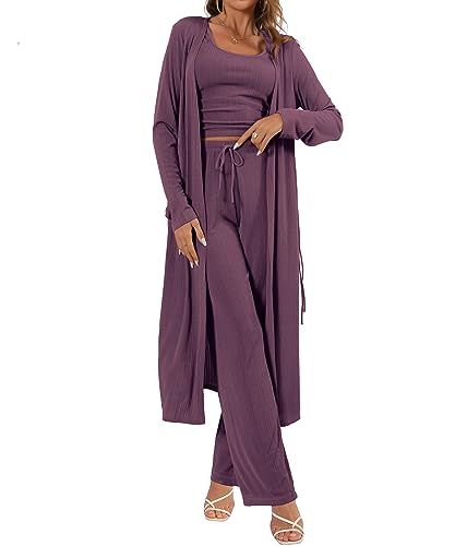 Image of 3 Piece Lounge Sets for Women Airport Travel Outfit | Long Cardigan,Tank Top ,Wide Leg Pants with Pockets,Comfy Loungewear,Casual Chic, Airplane Clothing,Vacation Matching Set