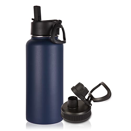 Volhoply 32 oz Insulated Water Bottle with Straw Lid and Spout Lid,Stainless Steel Sports Water Bottle,Double Wall Vacuum Cups,Leakproof Metal Flask with Wide Mouth for Hiking,Camping(Navy,1) by Volhoply - Used condition - CA$14.55