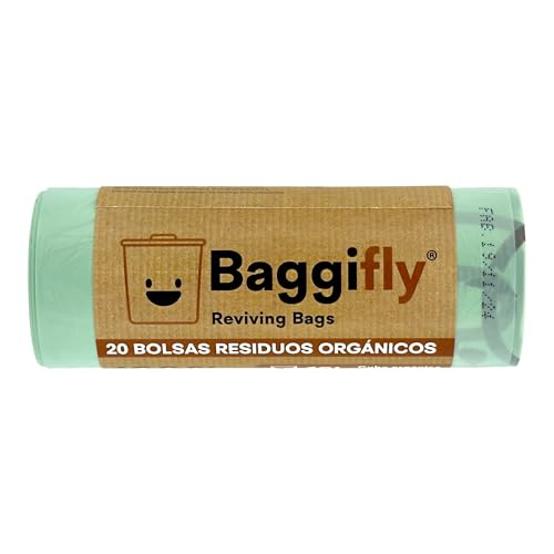 Baggifly, Bolsas de Basura Biodegradables 10L, 20 Bolsas Basura Compostables, ECO Friendly, Cubos Pequeños y Residuos Orgánicos, Pack 1 x 20, Fabricado en España