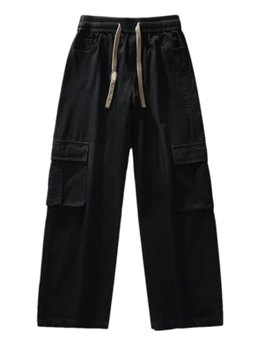 Men's Summer Cargo Jeans Flap Pockets Wide Leg Baggy Denim Pants Drawstring Straight Leg Trousers