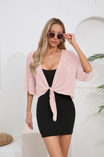 Image of TASAMO Women's 2026 Summer Lightweight Short Bolero Cardigan Shrug Sheer Tie Front Top 3 /4 Sleeve Jacket for Dress
