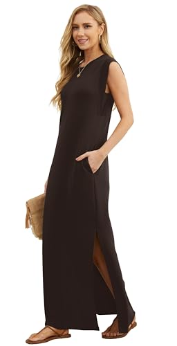 Image of GRECERELLE 2026 Women Year-Round Casual Round Neck Loose Split Wrinkle-Free Long Maxi Vacation Dress with Pockets (XXS-4XL)