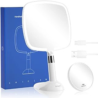 CHICLEW® Makeup Mirror With Lights, 1X/10X Magnifying Mirror With 60 LED Lights, Rechargeable 2 IN 1 Hand held and Table Light Up Mirrors For Makeup, 3 Colors Lighting Modes, Stepless Dimming
