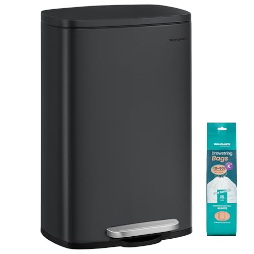 SONGMICS Poubelle Cuisine 50 L, Poubelle Bureau, Fermeture en Douceur, avec Pédale, en Acier, Seau Intérieur, Noir LTB050B02