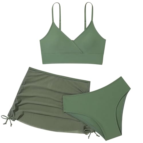 2025 Traje de baño de 3 piezas para niña, color sólido, bikini envolvente con falda de volantes, conjunto de trajes de baño para niña 92, Verde militar., 11-12 años