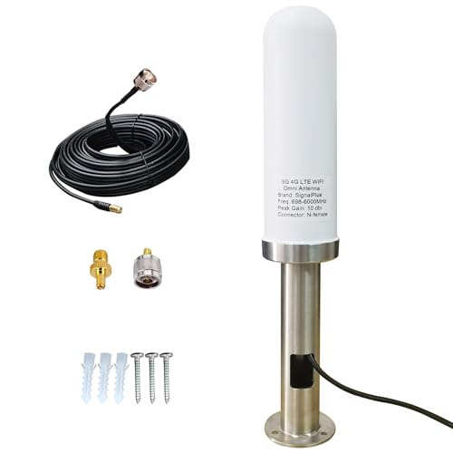 SIGNALPLUS 4G LTE/ 5G Omni Directional Cellular Antenna RV Outdoor Cell Phone Booster Antennas for Truck, with Stainless Mount for Boat/Roof, 10meter Cable SMA TS9 N male