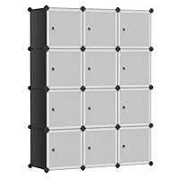 SONGMICS 12-Cube Storage Unit, Shoe Rack, Stackable Cubes, Plastic Closet Cabinet, Wardrobe, with Doors, for Bedroom, Office, Easy to Assemble, Black and White LPC34HV1