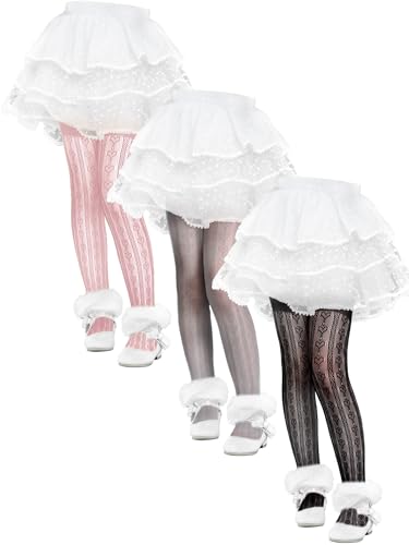 3 Pairs Girls Lace Tights Fishnet Stocking Striped with Heart Patterns Stocking Stretchy Kids Summer