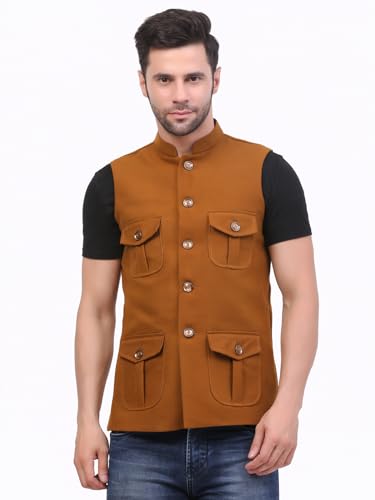 Image of FH Wearza Polywool tweed Solid multipocket Sleeveles Nehru Jacket For Men