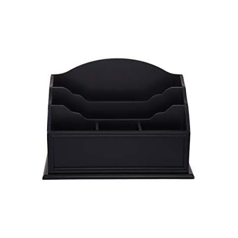 Designstyles Black Wooden Desktop Letter Holder – 5 Compartment Mail and Stationary Organizer – Premium Quality Wood Table Top Sorter for Pens, Pencils and More Cover