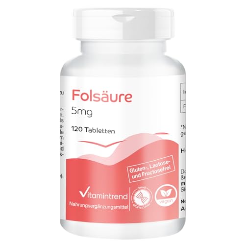 Vitamintrend Folsäure 5mg, 120 Tabletten, schluckfreundlich, 1250µg Folsäure pro Tablette, Vitamin B9, hochdosiert, Nahrungsergänzungsmittel vegan ohne Magnesiumstearat, in Deutschland hergestellt