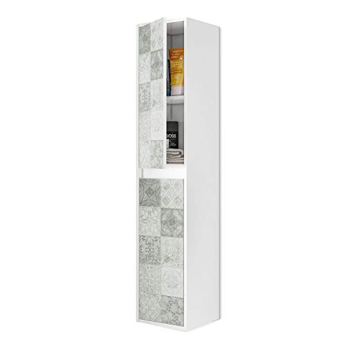ARKITMOBEL 305074BO - Mueble Lavabo con Estampado de baldosas, Columna de baño Colgante 2 Puertas Acabado en Color Blanco Brillo y Arlo (Mosaico hidráulico), Medidas: 30 cm x 140 cm x 25,5 cm de fondo