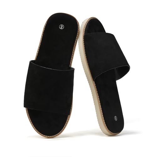 Summer Men Sandals for Suede, Comfortable Flats with Memory Foam Insole, EVA Outsole Non-Slip Casual Fashion I-Slides