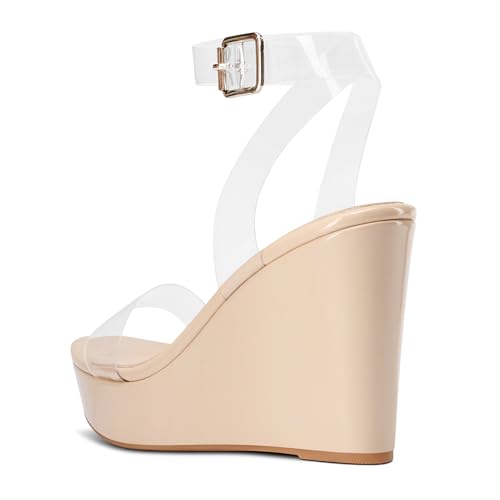 Image of Aachcol Women Platform Wedge Sandals Round Peep Open Toe Ankle Strap Slingback Two-Piece Chunky Block High Heel Dress Shoes Pumps Party Patent 4 Inch