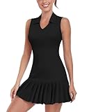 Picture of WOWENY Tennis Golf Dress for Women Pleated with Built in Shorts and Pockets Sleeveless V Neck Workout Athletic Dresses, Black, X-Large