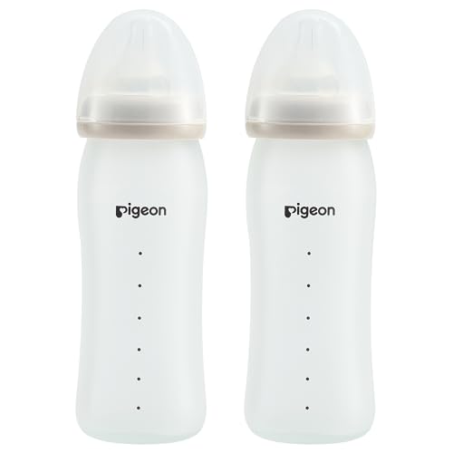 Image of Pigeon Silicone Coating (Glass Inside/Silicone Outside) Nursing Bottle, Wide Neck, Natural Feel, Easy to Clean, Heat-Resistant, 8.1 Oz (Pack of 2), Includes 2 pcs M Nipples (3m+)