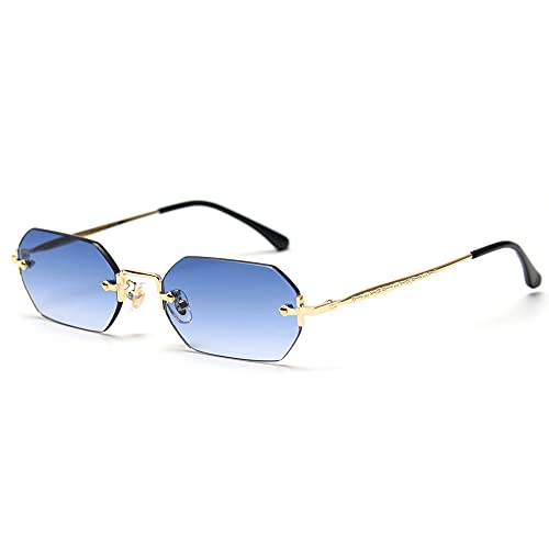 kachawoo Men Rectangle Sunglasses Rimless Octagonal Small Glasses Women Metal Blue Brown