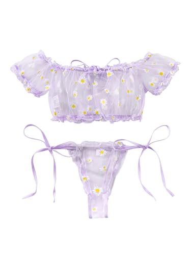 Image of Lilosy Sexy Stretch Ruffle Tie Sheer Mesh Lingerie Set Outfits 2 Piece Women Kawaii Cute See Through Matching Bra Panty Underwear Flower Lavender Purple Medium