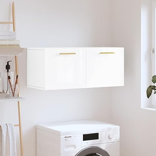 Armario de pared blanco de alto brillo 80x36.5x35 cm de madera procesada para cocina y baño, armario de almacenamiento con despensero utilitario 830062