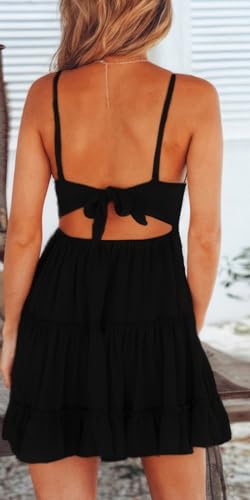 Image of ebossy Women's Sexy Boho V Neck Sleeveless Backless Lace Swing Mini Dress Spaghetti Straps Beach Vacation Sundress (Large, Black)