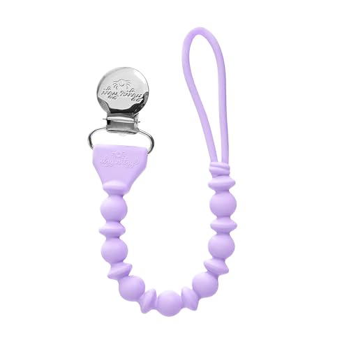 Image of Itzy Ritzy Silicone Pacifier Clip; 100% Food Grade Silicone Pacifier Strap with Clip Keeps Pacifiers, Teethers & Small Toys in Place Features One-Piece Design & Cord (Purple)