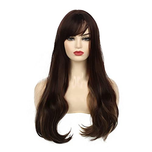 Beweig Long Wavy Brown Wigs Blonde Highlights Wig with Bangs for Women Synthetic Heat Resistant Halloween Cosplay Party Wigs
