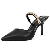 Jeesay Women's Pointed Toe Stilettos Mules Heels Pumps Slip on Gold Chains Mary Jane Dress Heels Sandals (US 6.5, Black)