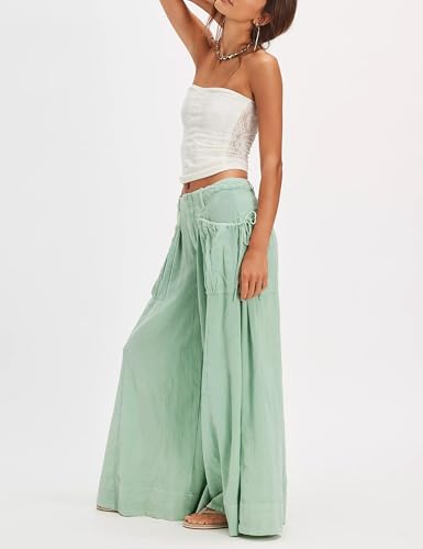 Womens Cotton Wide Leg Pants Mid Rise Loose Fit Palazzo Pants Long Baggy Trousers with Pockets3