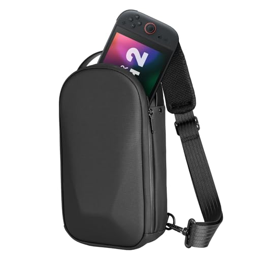 MoKo Sling Crossbody Bag for Nintendo Switch 2/Steam Deck/ROG Xbox Ally X/Legion Go, Hard EVA Backpack Travel Carrying Case w/ Thickened Lining, 8 Game Slots for Switch 2 Console & Accessories, Black