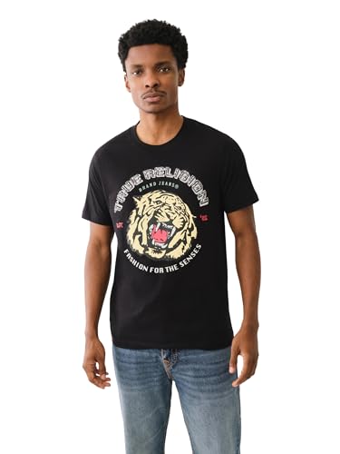 True Religion Men's Tiger Face Bling Short Sleeve Tee - Casual Graphic Crew Neck T-Shirt-Jet Black