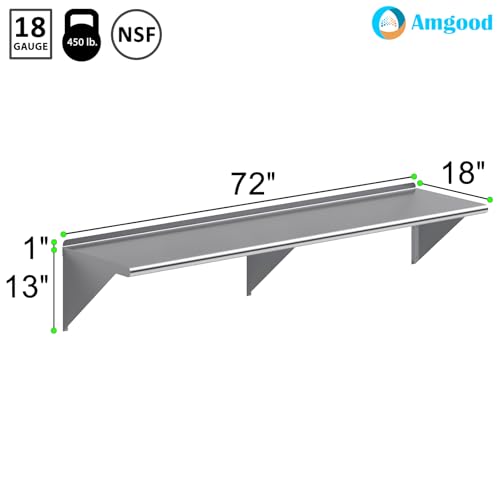 Image of AmGood 18 in. x 72 in. Stainless Steel Wall Shelf | NSF | Metal Shelving | Garage, Laundry, Storage, Utility Room | Restaurant, Commercial Kitchen