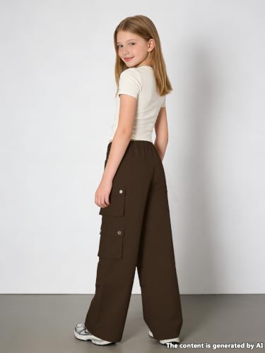 Image of SANGTREE Girls Wide Leg Cargo Pants Multi Pocket,6-14 Years | Cotton High Waist Baggy Trousers with Pockets Teen Y2K Streetwear School Pants| Back-to-school,Outdoor Play